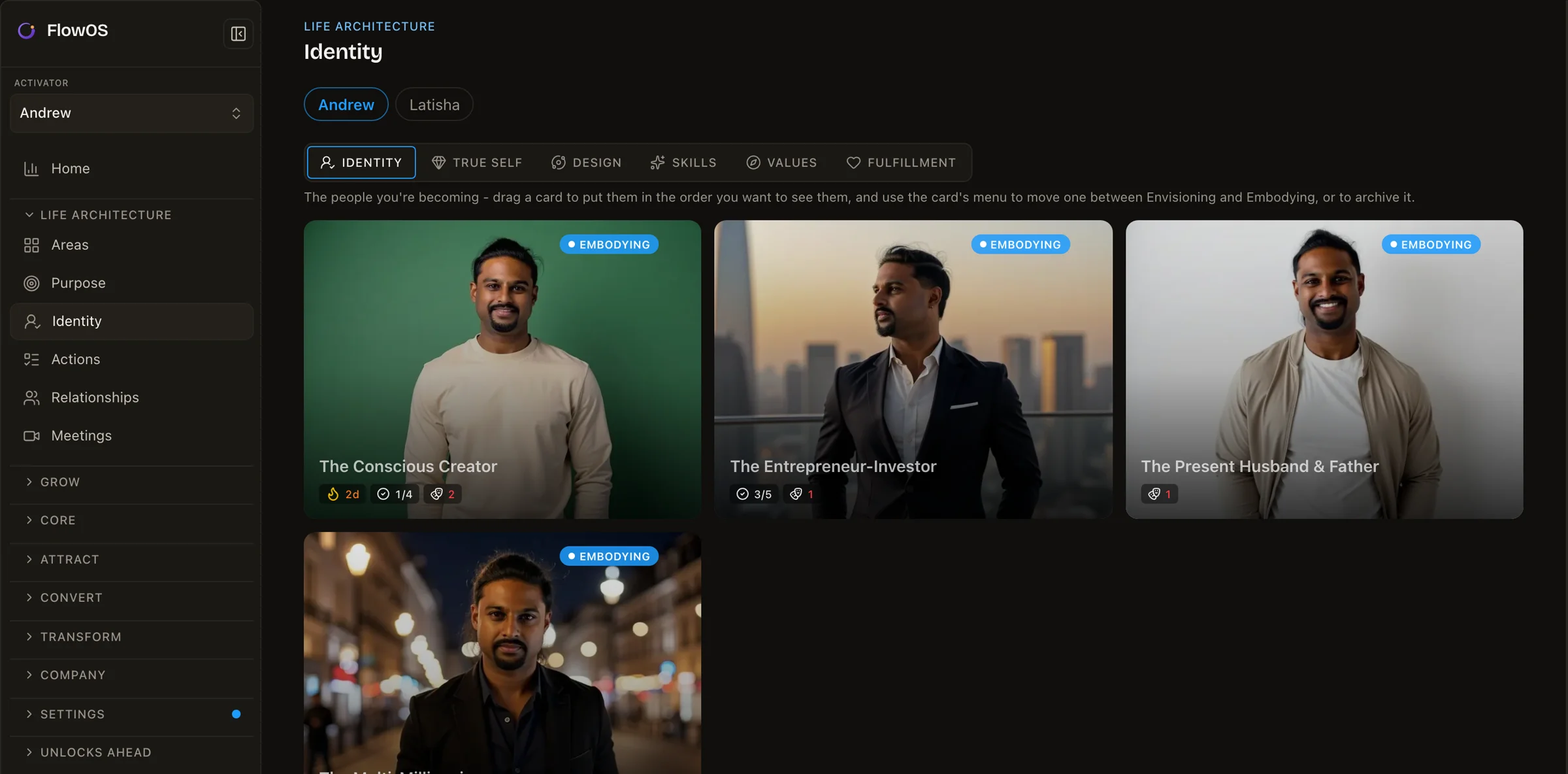 The Identity screen in FlowOS: four identity cards, each with a portrait, a name and an Embodying pill.